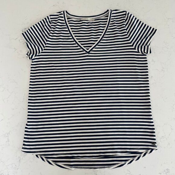 Monk & Lou SS V Neck Striped T Shirt Top Cotton Spandex Blue Wht Sz M/L - Picture 10 of 10